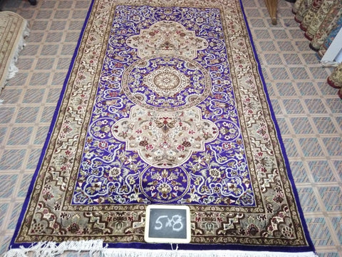 5x8 Pakistan Carpet Rug Persian Silk Wool Blend Hand Knotted Purple Beige Tan
