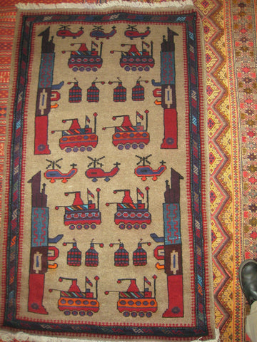 AFGHAN WAR RUG tribal ak47 kalashnikov gun tank rpg 3x5 large battle carpet antique