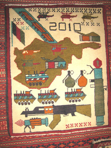 AFGHAN WAR RUG tribal ak47 kalashnikov gun tank rpg 2x2.5 battle carpet antique