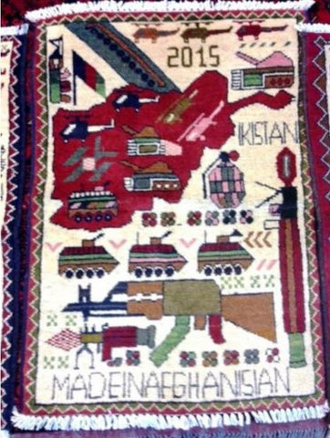 AFGHAN WAR RUG TRIBAL AK47 KALASHNIKOV GUN TANK BATTLE 2X3 VINTAGE CARPET COMBAT