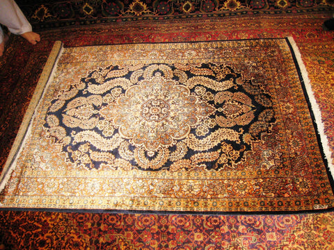 PERSIAN CARPET Oriental rug genuine kashmir pakistan india 4x6 hand knotted 100% silk kashmiri brand new bedroom 700 kpsi navy blue fine