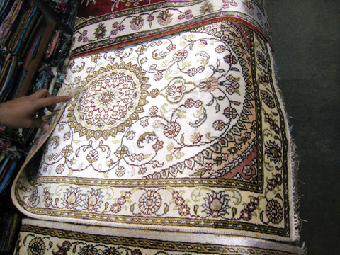 Silk Rug, 2x3 Size, Pakistani Sindhi Design, Beige, White, Floral Pattern, Afghan Carpet