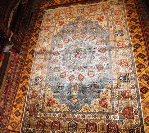 PERSIAN CARPET BEAUTIFUL iran iranian rug persia qom 4x6 hand knotted 100% silk masterpiece koom new blue double sided bedroom 800 kpsi fine